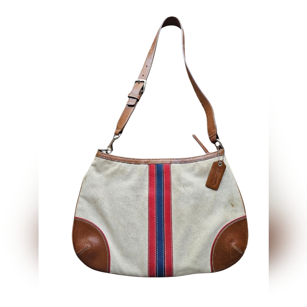 Coach Vtg Y2K Beige and Brown Red Blue Stripes Shoulder Bag